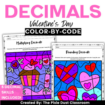 Preview of Valentine's Day Fifth Grade Math Decimal Activity Color-by-Code Decimal Centers