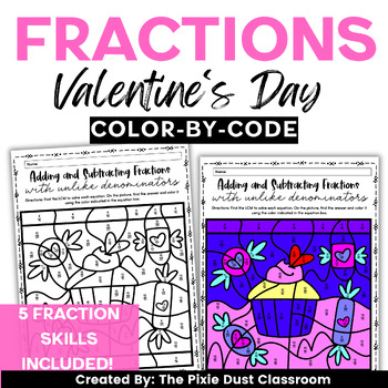 Preview of Valentine's Day Fraction Activity Fifth Grade Math Fraction Color-by-Code Center