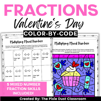 Preview of Valentine's Day Coloring Fraction Activity Fifth Grade Math Color-by-Code Center