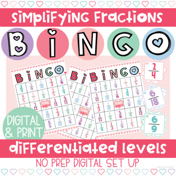 Preview of Fraction BINGO (Simplifying & Equivalent) Digital & Print Heart-Themed