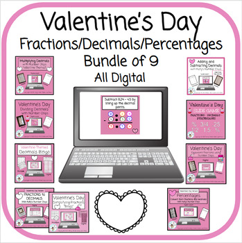 Preview of Valentine's Day Fractions/Decimals/Percentages Bundle - Digital Games/Lessons