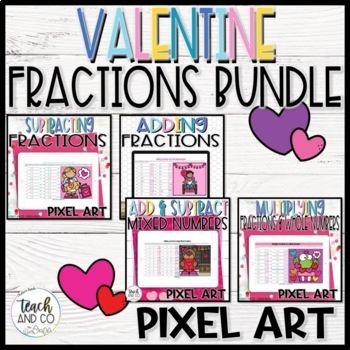 Preview of Valentine's Day Fractions Activities Mystery Picture Pixel Art for 4th Grade