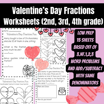 Preview of Valentine's Day Fractions Worksheets for 2nd, 3rd, 4th grade
