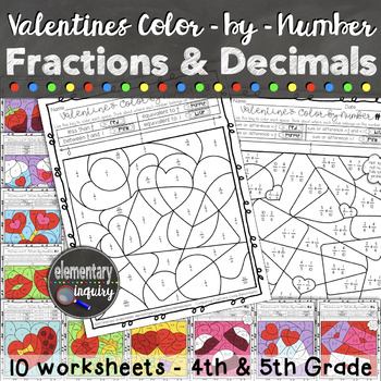 Preview of Valentine’s Day Fractions and Decimals Math Activity Color by Number Worksheets