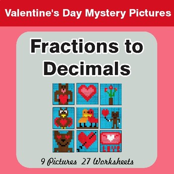 Valentine's Day: Fractions to Decimals - Color-By-Number Math Mystery Pictures