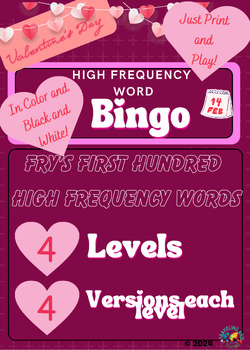Preview of Valentine's Day Fry's First Hundred High Frequency Word BINGO