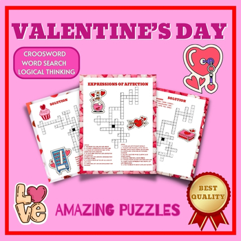 Preview of NO PREP VALENTINE'S DAY Crossword Word Search Puzzles 5th, 6th, 7th, 8th Grade
