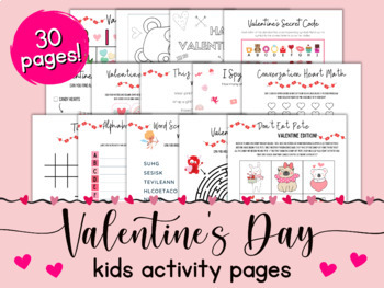 Preview of Valentine's Day Game & Activity Pages for Kids | Math, Writing, Language Arts