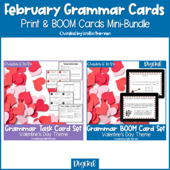 Preview of Valentine's Day Grammar Print Task Cards and BOOM Cards BUNDLE