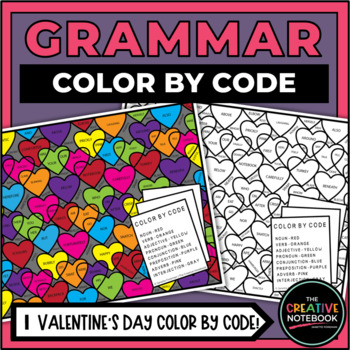 Preview of Valentine's Day Grammar Practice, Hearts Color By Code, Parts of Speech Activity
