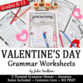 Preview of Valentine's Day Grammar Worksheets, NO PREP, Middle and High School