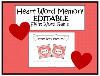 Preview of Heart Word Memory- EDITABLE Sight Word Game