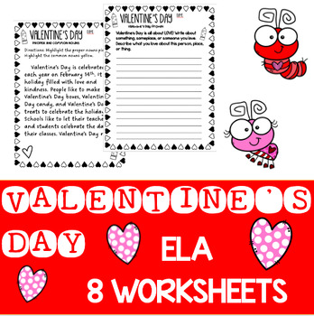 Preview of Valentine's Day - Holiday ELA Packet - 8 Worksheets - Nouns and Writing Prompts
