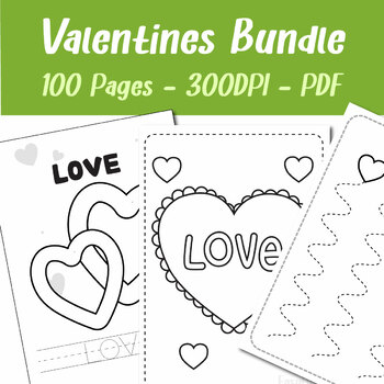 Preview of Valentine's Day HolidayColoring Pages, Tracing, Cutting, Set Preschool 100 Pages