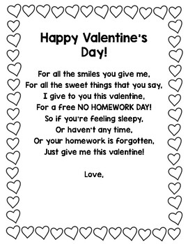 Valentine's Day Poem Homework Passes by Teaching Comes First- Miss Katz