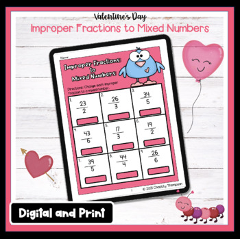 Preview of Valentine's Day Improper Fractions to Mixed Numbers No PREP