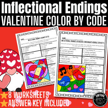 Preview of Valentine's Day Inflectional Endings Color by Code Worksheets- ing vs. ed & more