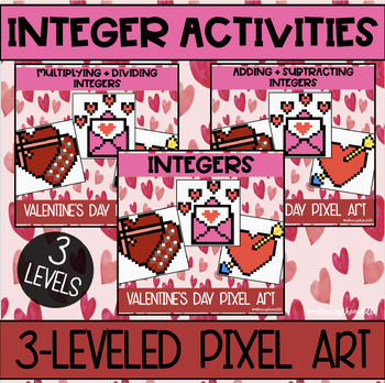 Preview of Valentine's Day Integers Pixel Art BUNDLE for Middle School Math | 7th Grade