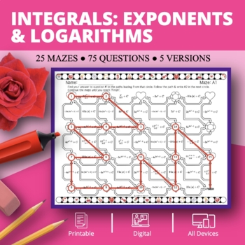 Preview of Valentine's Day: Integrals Exponents & Logs Maze Activity