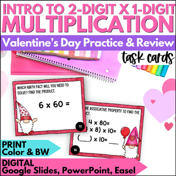 Preview of Valentine's Day Intro to 2 Digit by 1 Digit Multiplication Practice Task Cards