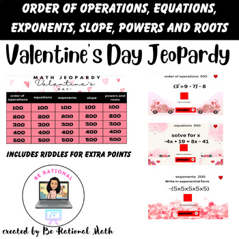 Preview of Valentine's Day Jeopardy-Equations, Exponents, Expression, Slope, Roots