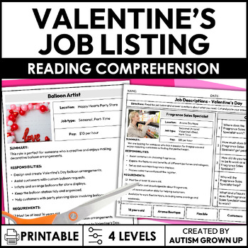 Preview of Valentine's Day Job Descriptions | Life Skills Worksheets for Special Education