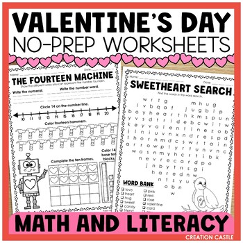 Preview of No Prep Valentine's Day Worksheets for Literacy and Math