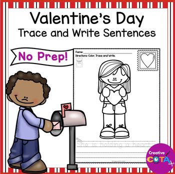 Preview of Valentine's Day Kindergarten Writing Coloring Pages Trace & Write a Sentence