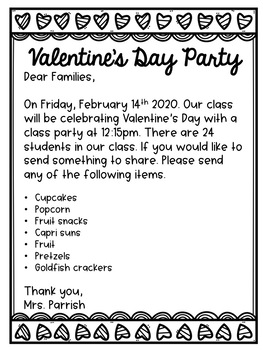 Preview of Valentine's Day Letter to parents--English/Spanish--EDITABLE