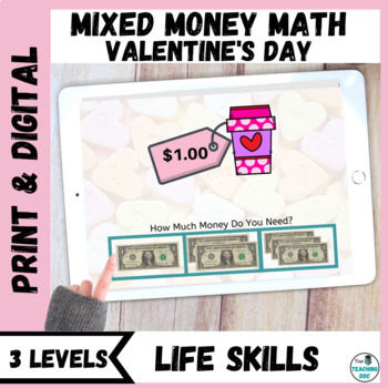 Preview of Valentine's Day Life Skills: Mixed Money Math w/Easel - 3 Levels NO PREP