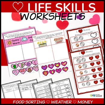 Preview of Valentine's Day Life Skills Worksheets - Money and Grocery Sorting Activities