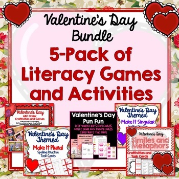 Preview of Valentine's Day Literacy Games Bundle, Activities, Crafts, Spelling, Nouns