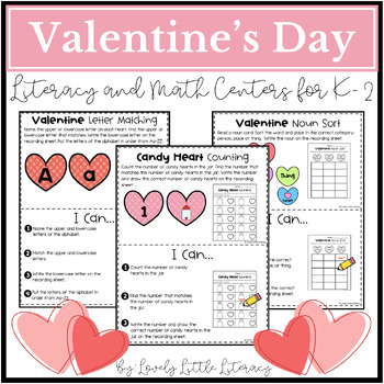 Preview of Valentine's Day Literacy & Math Centers Kindergarten, First Grade, Second Grade