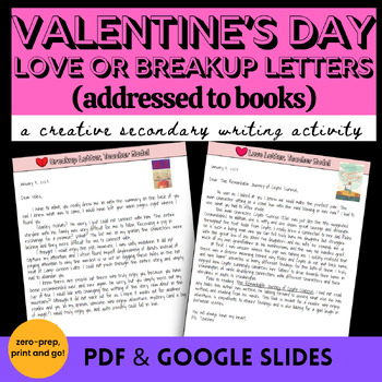 Preview of Valentine's Day ELA Creative Writing Activity Love or Breakup Letter to Books