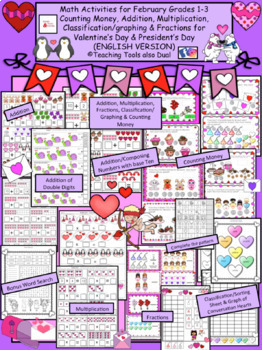 Preview of Valentine's Day MATH ONLY activities & Presidents' Day Money count K-3 (ENGLISH)