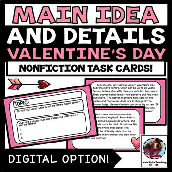 Preview of Valentine's Day Main Idea and Details Task Cards Google Slides Ready