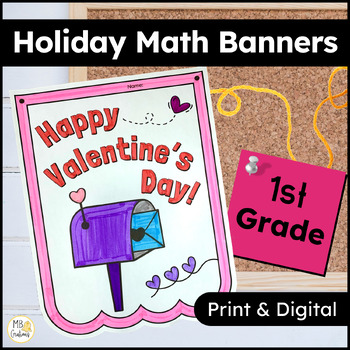 Preview of Valentine Math Activities 1st Grade Review Worksheets - February Holiday Banner