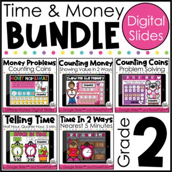 Preview of Telling Time & Counting Money 2nd Grade Valentine's Day No Prep Math Centers