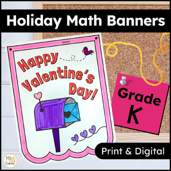 Preview of Valentine Math Activity Kindergarten Review Worksheet - February Holiday Banner