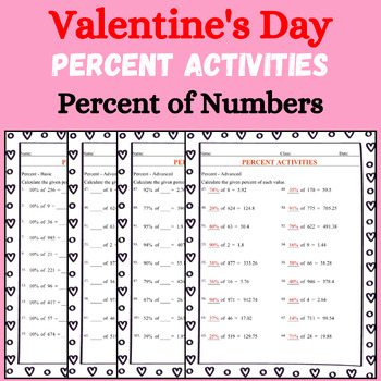 Preview of Valentine's Day Math Activities: Percent of Numbers Basic And Advanced