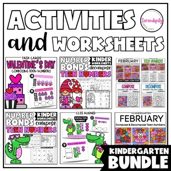 Preview of Valentine’s Day Math No Prep Activities, Worksheets + Task Cards |Teen Numbers