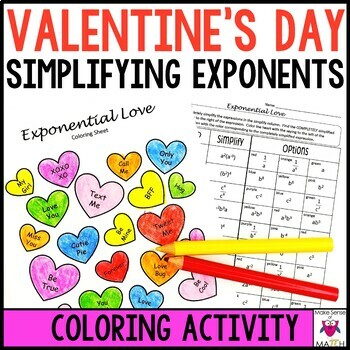 Preview of Valentine's Day Math Activity Worksheet Simplifying Exponents 8th grade 