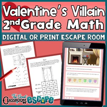 Preview of 2nd Grade Valentine's Day Math Activity Print or Digital Escape Room Game