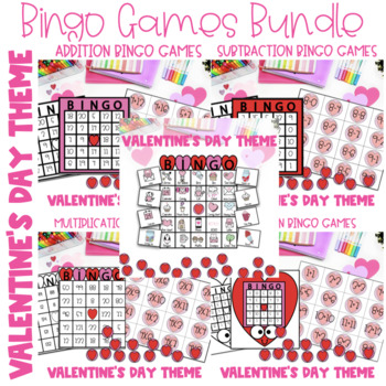 Preview of Valentine's Day Math Bingo Bundle Add,Subtract,Multiply,Divide,Class Party
