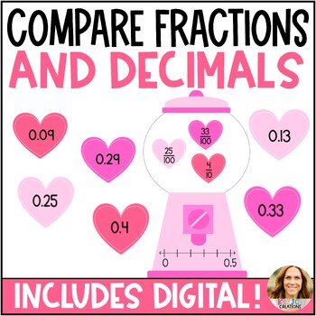 Preview of Valentine’s Day Math Center - Compare Fractions and Decimals Sorting Activity