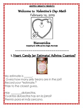 Preview of Valentine's Day Math Centers or Math Family Night Packet (English and Spanish)