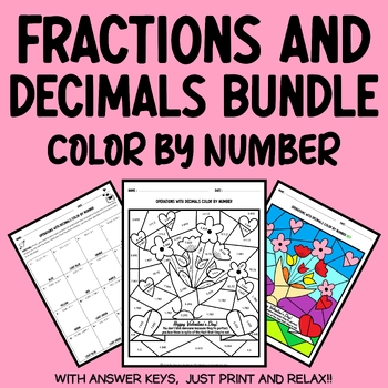 Preview of Valentine's Day Math Coloring: Fractions and Decimals Worksheet Bundle