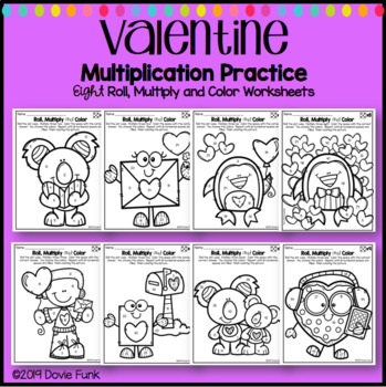 Valentine's Day Math Coloring Worksheets Multiplication Roll Solve and Color