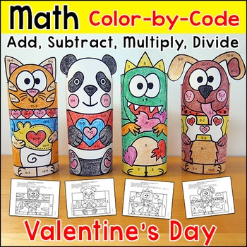 Preview of Valentine's Day Math Craft Color by Number 3D Characters - February Activity