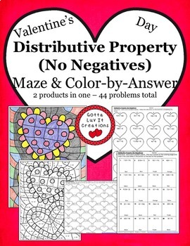 Preview of Valentine's Day Math Distributive Property No Negatives Maze & Color by Number